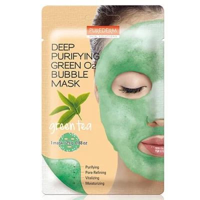 Purederm giliai valanti žalia burbulinė veido kaukė su O2 Žalioji arbata Deep Purifying Green O2 Bubble Mask Green Tea